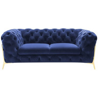 HomeRoots Blue, Gold Contemporary 74" Blue Velvet and Gold Loveseat