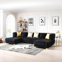 Better Home Products Marigold Velvet U-Shaped Double Chaise Sectional Sofa - 140" Large Couch with 6 Pillows & Gold Legs for Your Living Room, Fully Tufted Firm & Deep (Black)