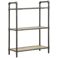 HomeRoots 486317 36 in. Antique Oak & Sandy Gray Metal Three Tier Standard Bookcase