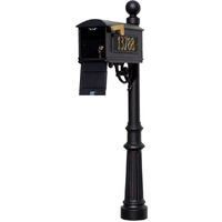 Lewiston Equine Mailbox Post System with Locking Insert, Fluted Base, Ball Finial and 3 cast Aluminum Personalized Address Plates, Black