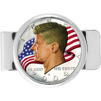 Coin Money Clip JFK Half Dollar Colorized with the American Flag Moneyclip