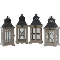 Urban Trends 41061-AST Square Lantern with Black Pierced Metal Top, Brown, 4 Piece