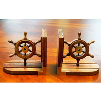 INDIA OVERSEAS TRADING CORP Bookend Pair Wooden Ship Wheel Brass Fitted