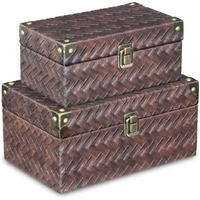 Cheung's 5540-2 Woven Brown Vinyl Pattern Boxes with Front Buckle & Bronze Corners - Set of 2