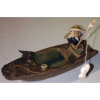 Bonsai Boy e3018 Ceramic Figurine - Fisherman On A Boat Fishing with Duck