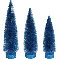 Vickerman 12"-14"-16" Turquoise Glitter Oval Pine Artificial Christmas Tree, Set of 3 - Faux Christmas Tree Set - Seasonal Indoor Home Decor