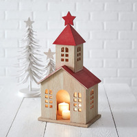 CTW Home Collection Wooden Holiday Schoolhouse Christmas Candle Lantern, 18-inch Height, Holiday Season Decoration