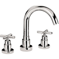 Whitehaus WHLX79214-BN Luxe widespread lavatory faucet with tubular swivel spout, cross handle and pop-up waste - Brushed Nickel