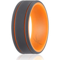 ROQ Silicone Rubber Wedding Ring for Men, Comfort Fit, Men's Wedding Band, Breathable Rubber Engagement Band, 9mm Wide 2mm Thick, 2 Thin Lines Duo Collection, Single, Orange & Grey, Size 15