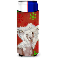 Caroline's Treasures LH9347MUK Chinese Crested Red and Green Snowflakes Holiday Christmas Ultra Hugger for slim cans Can Cooler Sleeve Hugger Machine Washable Drink Sleeve Hugger Collapsible Insulator