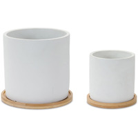 Melrose International White Stone Planter with Wood Plate (Set of 2)