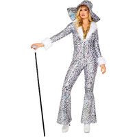 Adult Silver Diva Costume | Women's Leopard Print Full Outfit - Jumpsuit with White Faux Fur Trim & Wide Brim Hat Medium