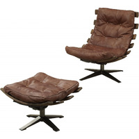 27"" X 35"" X 33"" 2Pc Retro Brown Top Grain Leather Chair And Ottoman