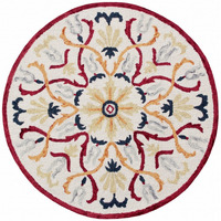 6 Round Red And Ivory Floral Filigree Area Rug