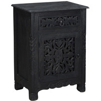 30 Distressed Black One Drawer Floral Carved Solid Wood Nightstand