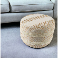 18"" Ivory And Brown Cotton Blend Round Striped Pouf Ottoman