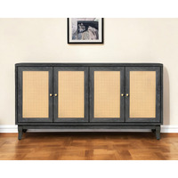 65"" Charcoal And Natural Wood And Rattan Sideboard With Four Doors