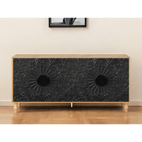 68"" Natural And Black Distressed Carved Floral Sideboard With Four Doors