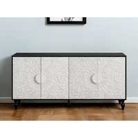 68"" Black And White Distressed Carved Floral Sideboard With Four Doors