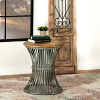 Natural And Blue Distressed Round Accent Table