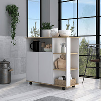 Depot E-Shop St. Thomas Kitchen Cart  Four Open Shelves  Double Door Cabinet  Four Casters  Light Oak / White