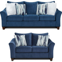 Camero Fabric Pillowback 2-Piece Living Room Set  Sofa And Loveseat  Navy Blue