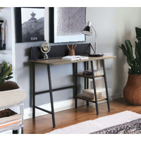 Rustic Oak And Black 2-Shelf Writing Desk With H-Shaped Base