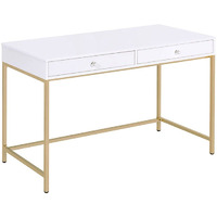 White High Gloss And Gold 2-Drawer Writing Desk