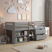 Grey Twin Loft Bed With Built-In Drawers And Bookshelf