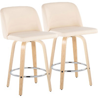 Toriano 26"" Contemporary Fixed Height Counter Stool With Swivel In Natural Wood And Cream Faux Leather With Round Chrome Metal Footrest By Lumisource - Set Of 2