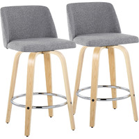 Toriano 26"" Contemporary Fixed Height Counter Stool With Swivel In Natural Wood And Grey Fabric With Round Chrome Metal Footrest By Lumisource - Set Of 2