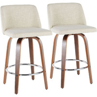 Toriano Mid-Century Modern Counter Stool In Walnut And Cream Fabric By Lumisource - Set Of 2