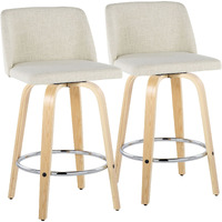 Toriano 26"" Contemporary Fixed Height Counter Stool With Swivel In Natural Wood And Cream Fabric With Round Chrome Metal Footrest By Lumisource - Set Of 2