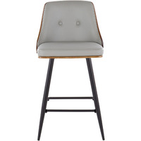 Gianna 26"" Mid-Century Modern Fixed-Height Counter Stool With Swivel In Matte Black Metal  Walnut Wood And Light Grey Faux Leather With Square Footrest By Lumisource - Set Of 2