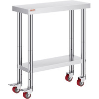 Vevor 30X12X34 Inch Stainless Steel Work Table 3-Stage Adjustable Shelf With 4 Wheels Heavy Duty Commercial Food Prep Worktable With Brake For Kitchen Prep Work