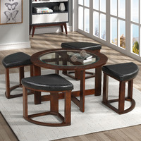 Cylina Solid Wood Glass Top Round Table Set  Coffee Table With 4 Stools