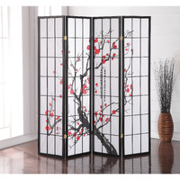 Roundhill Furniture Black Japanese 4-Panel Screen Room Divider  Plum Blossom