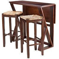 Winsome 3-Piece Harrington Drop Leaf High Table With 2 Rush Seat Stools  29-Inch  Brown