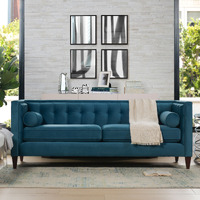 Jack 84"" Modern Tuxedo Tufted Sofa  Satin Teal Blue Velvet