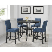 Biony Espresso Wood Counter Height Dining Set With Blue Fabric Nailhead Stools