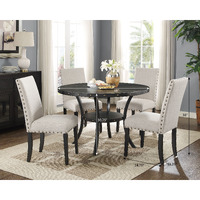 Biony Espresso Wood Dining Set With Tan Fabric Nailhead Chairs