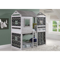 Donco Kids Deer Blind Cabin Twin Over Twin Rustic Grey Bunkbed With Green Camo Tent