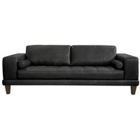 Wynne Contemporary Sofa In Genuine Black Leather With Brown Wood Legs