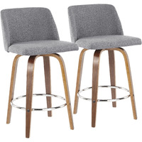 Toriano Mid-Century Modern Counter Stool In Walnut And Grey Fabric By Lumisource - Set Of 2