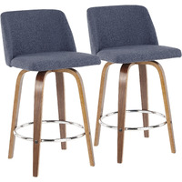 Toriano Mid-Century Modern Counter Stool In Walnut And Blue Fabric By Lumisource - Set Of 2