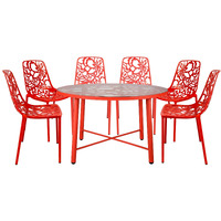 Leisuremod Devon Mid-Century Modern 7-Piece Aluminum Outdoor Patio Dining Set With Tempered Glass Top Table And 6 Stackable Flower Design Chairs For Patio  Poolside  Balcony  And Backyard Garden