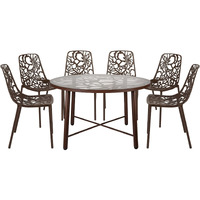 Leisuremod Devon Mid-Century Modern 7-Piece Aluminum Outdoor Patio Dining Set With Tempered Glass Top Table And 6 Stackable Flower Design Chairs For Patio  Poolside  Balcony  And Backyard Garden