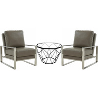 Leisuremod Jefferson Leather Armchair With Silver Frame And Octagon Coffee Table With Geometric Base