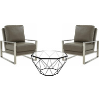 Leisuremod Jefferson Leather Armchair With Silver Frame And Large Octagon Coffee Table With Geometric Base