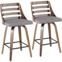 Trevi Mid-Century Modern Counter Stool In Walnut Wood And Grey Fabric By Lumisource - Set Of 2